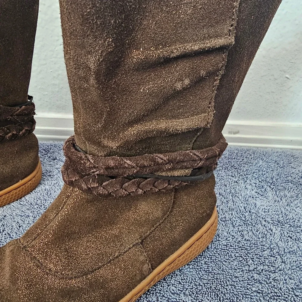 Livie & Luca Girls Brown Shimmer Suede Braided Mid Calf Boots Size 11
